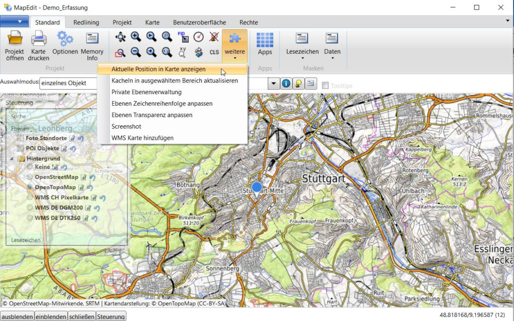 MapEdit Desktop Funktion Position in Karte anzeigen