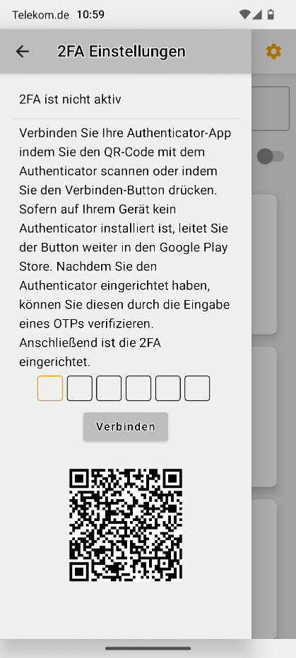 Zwei-Faktor-Authentifizeirung Startbildschrim mit QR-Code