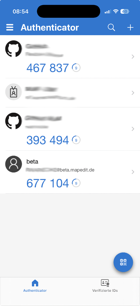 Microsoft Authenticator Kontenliste